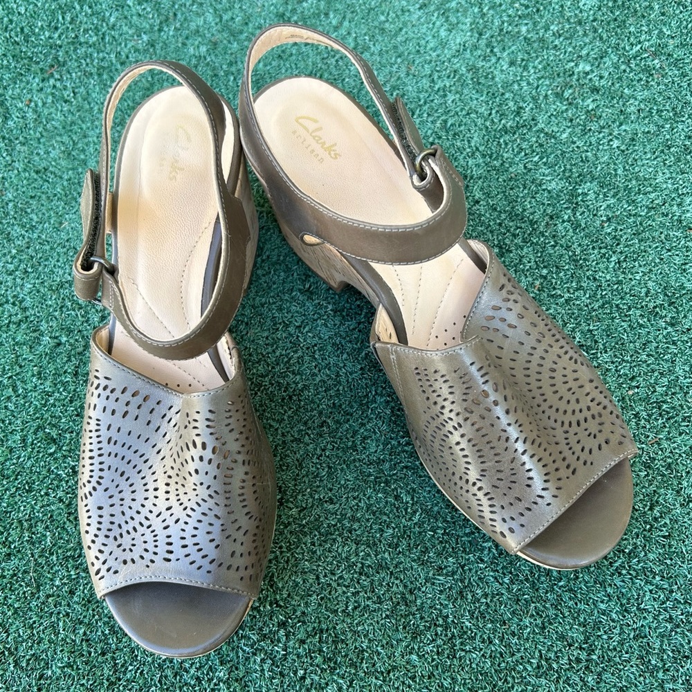 Clarks Artisan Maritsa Nila Leather Cork Wedge Platform Sandal Leather Green 8.5 - Picture 10 of 13